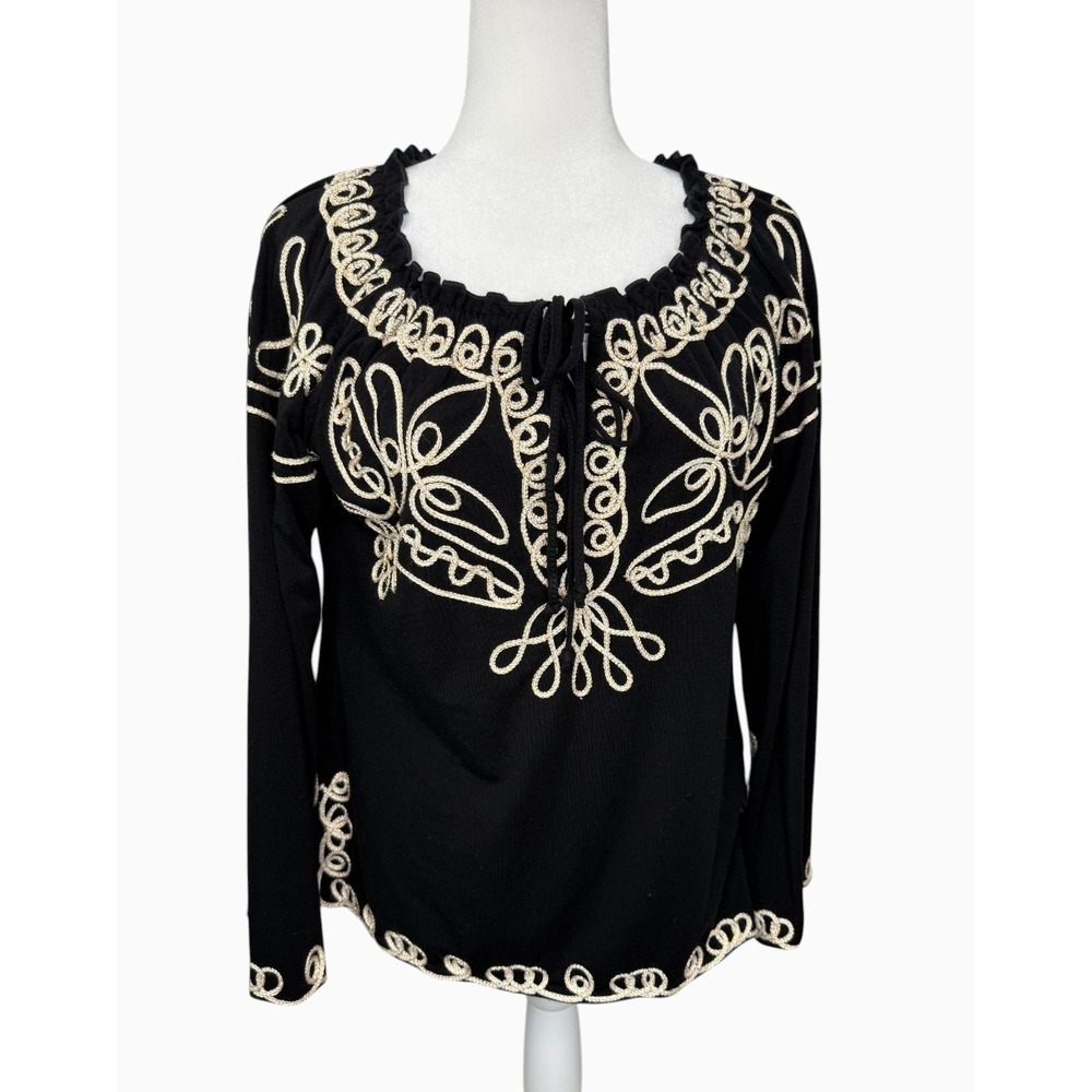 Women's Petite XL Black Gold Soutache Embroidered Tie Neck Long Sleeve Boho Top
